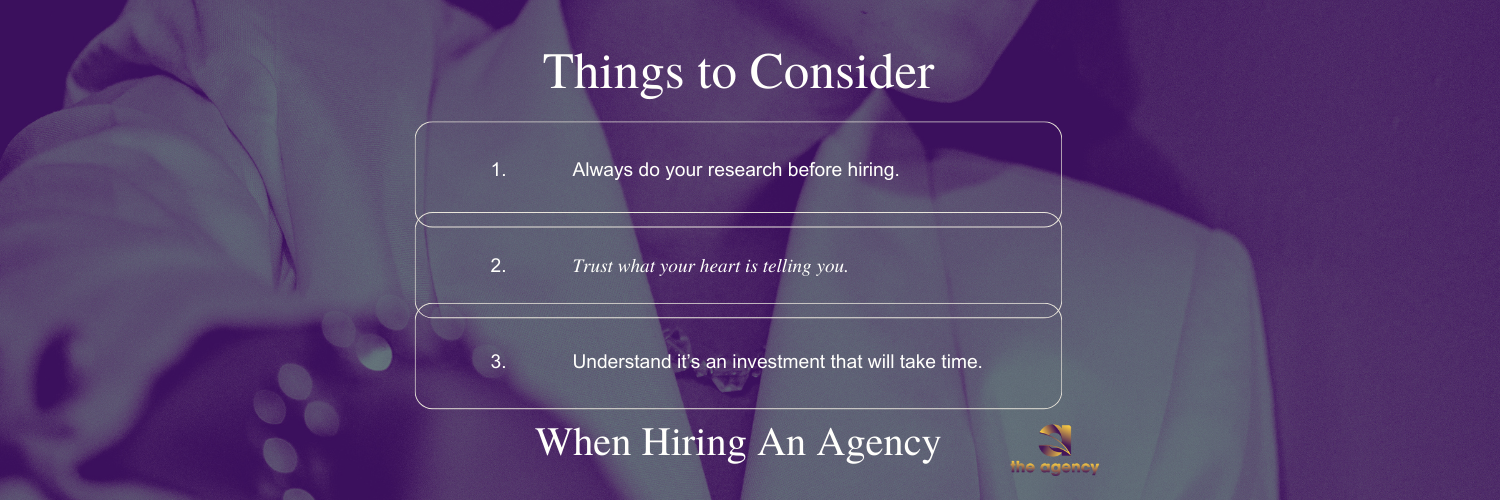 A purple background with the words things to consider when hiring an agency A purple background with the words things to consider when hiring an agency