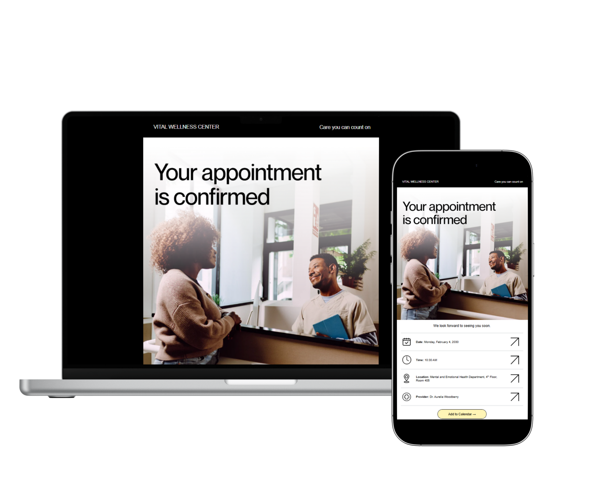 Laptop and phone showing a confirmed appointment email from Vital Wellness Center.