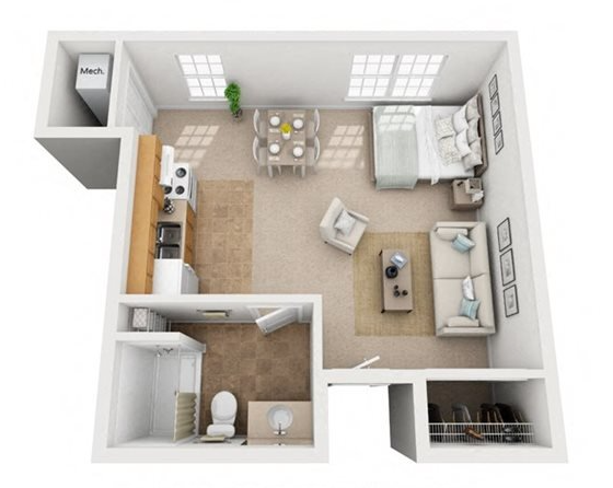 Studio, 1 Bath