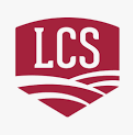 Maroon LCS shield logo with white letters and curved lines underneath