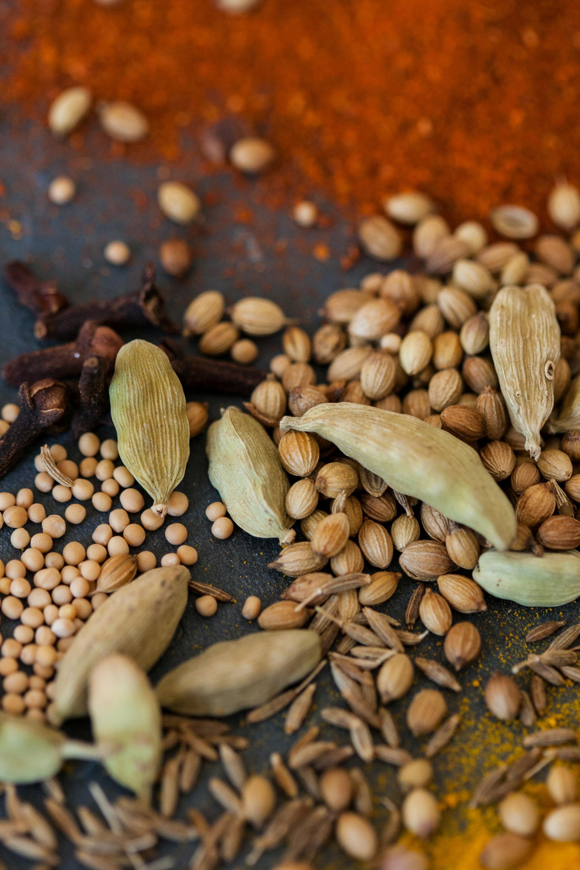 Assorted spices and seeds, including cardamom pods and coriander, scattered on a dark surface.