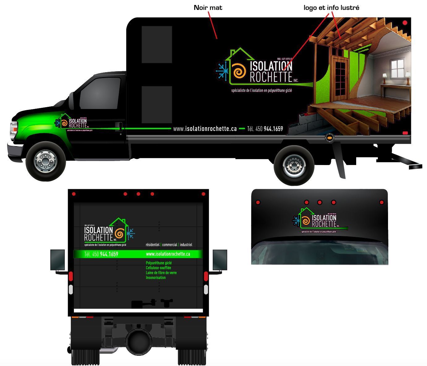 Camion noir avec des accents verts, logo de l'entreprise et illustration d'isolation du bâtiment sur le côté.