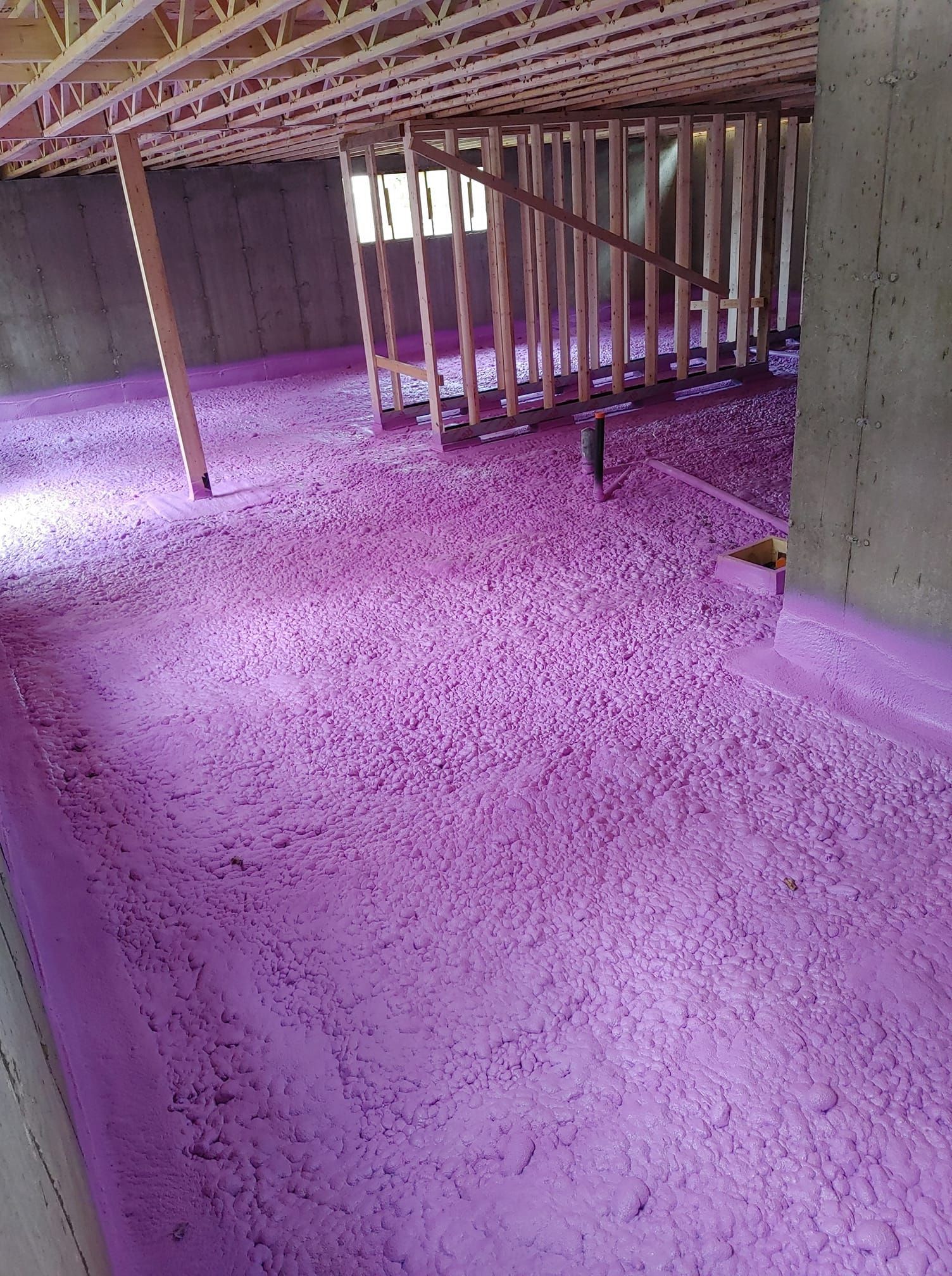 Une isolation en mousse pulvérisée violette recouvre le sol d'un sous-sol sous des poutres en bois apparentes.