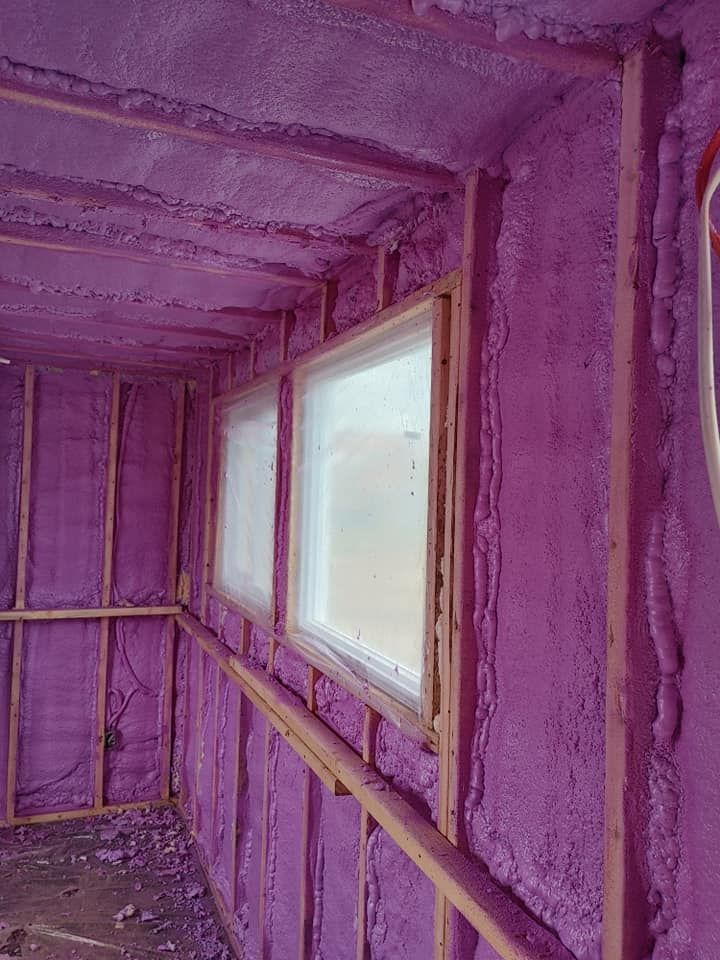 Intérieur d'un bâtiment avec ossature en bois apparente et isolation en mousse projetée violet vif. Deux fenêtres sont visibles.