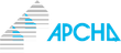 Logo pour APCHA, avec des lettres bleues, un dessin géométrique à gauche.