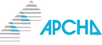 Logo pour APCHA, avec des lettres bleues, un dessin géométrique à gauche.