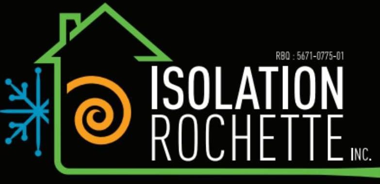 Logo pour « Isolation Rochette Inc. » avec un design de maison, de flocon de neige et de tourbillon.