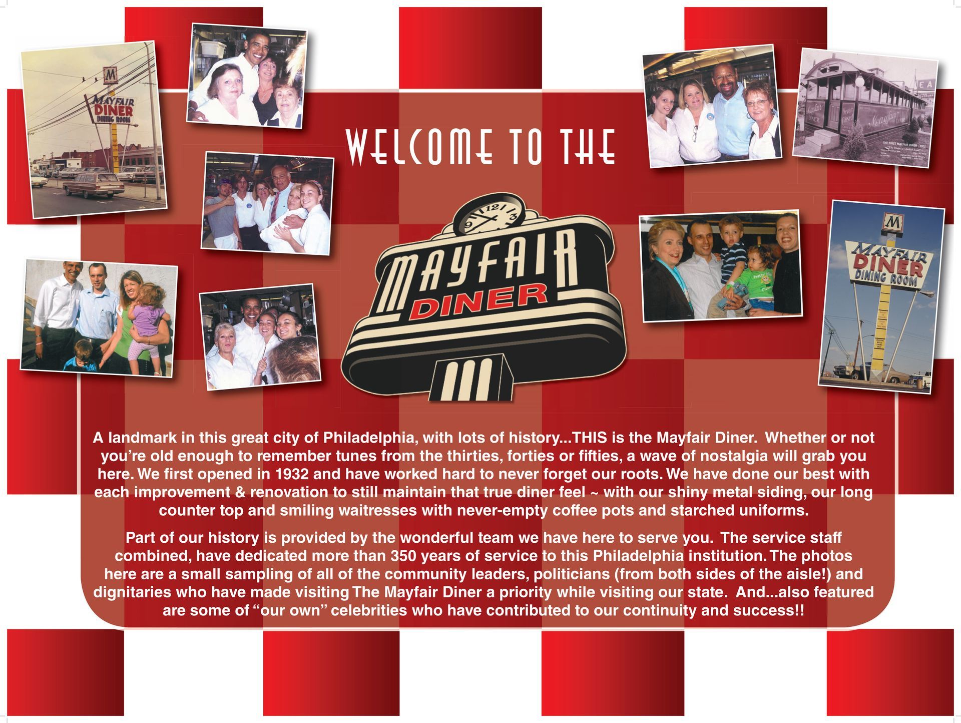 A poster that says welcome to the Mayfair Diner.