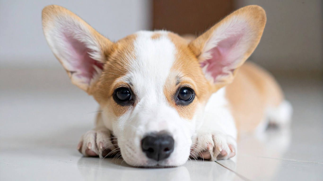 Corgi puppy with tan and white fur, laying on a white floor, looking forward with big eyes.