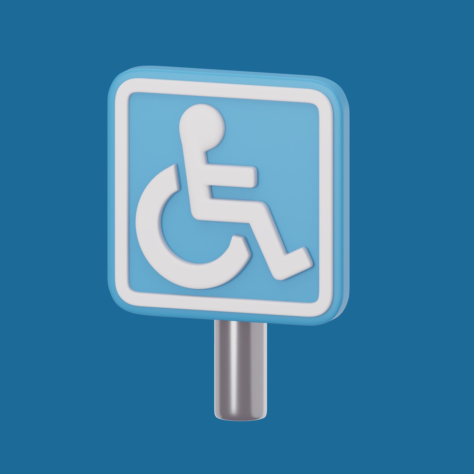 Placa azul e branca de estacionamento acessível em um poste cinza.