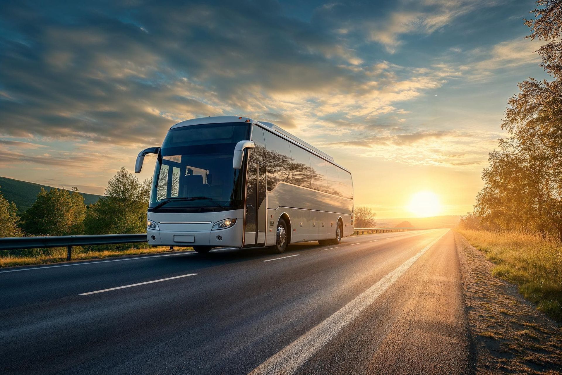 Ônibus de turismo trafegando por uma estrada em direção ao pôr do sol, com um céu claro.