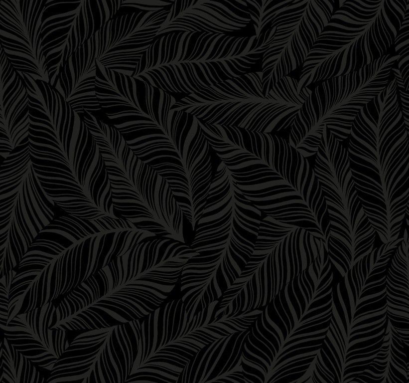 Dark black leaf-patterned wallpaper texture with subtle gray fern-like shapes