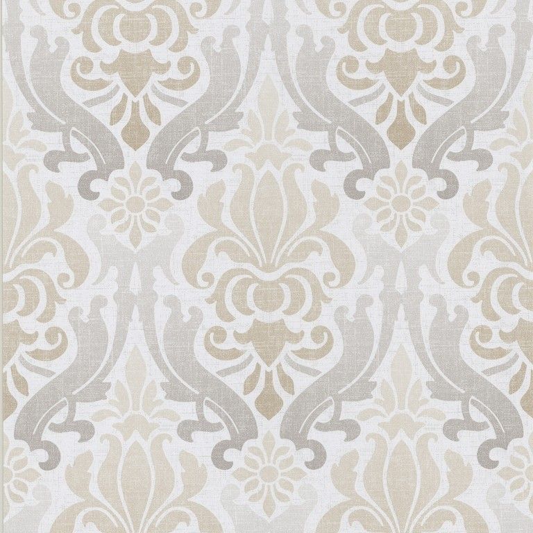 Cream and beige damask wallpaper pattern with floral scrolls