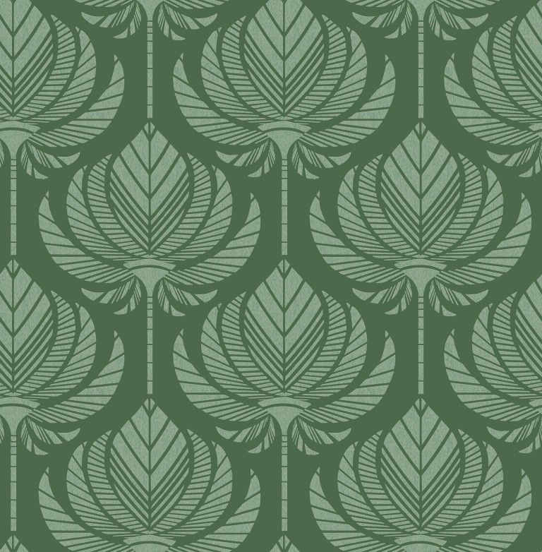 Green leafy geometric pattern on a muted olive background