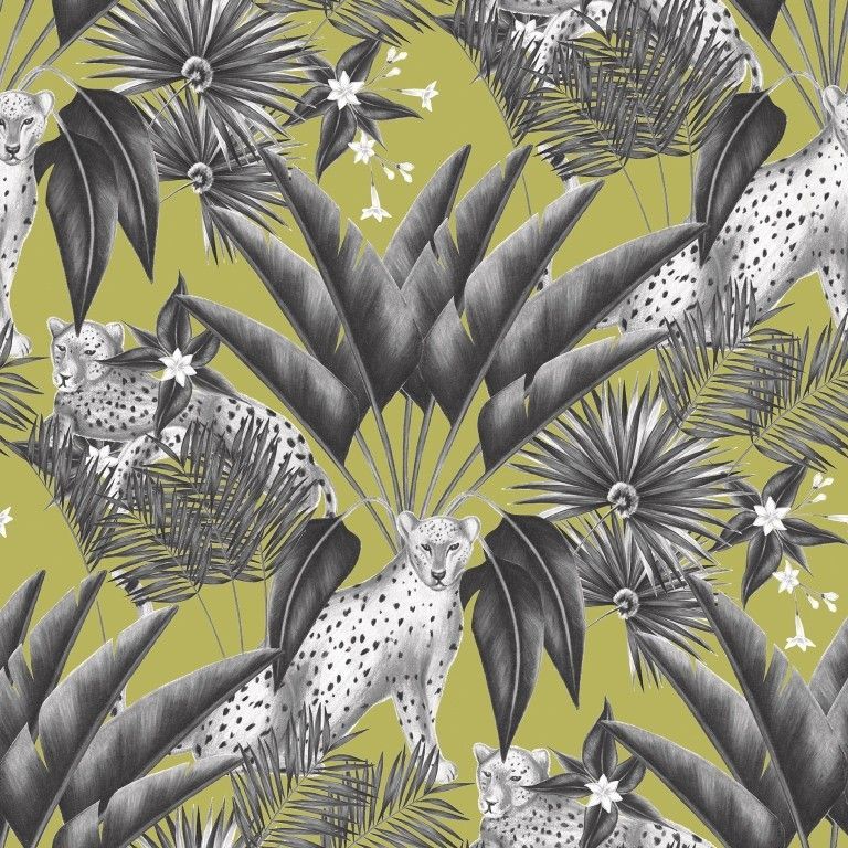 Safari animal pattern with cheetahs, tropical leaves, and flowers in gray and olive green