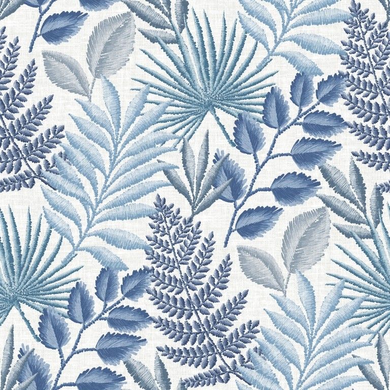 Blue and white tropical leaf pattern on a repeating wallpaper background