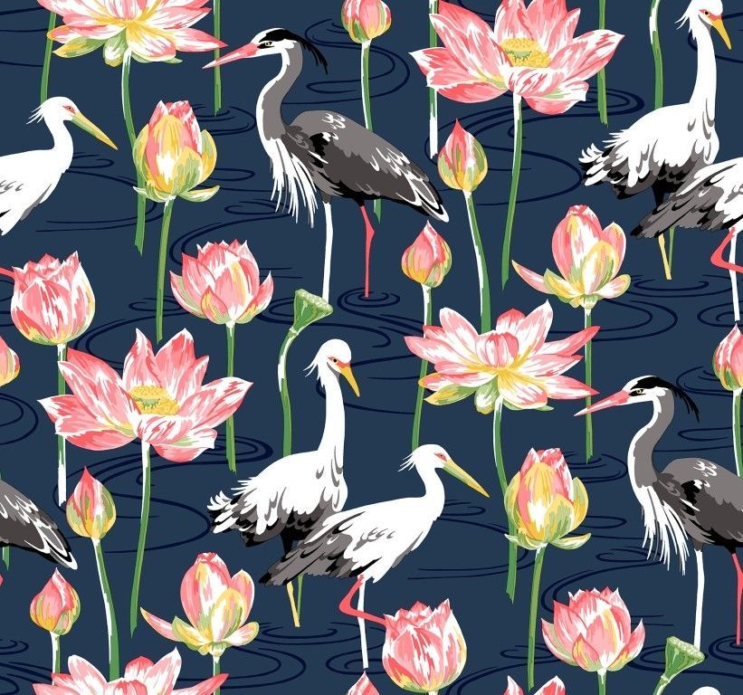 Cranes among pink lotus flowers on a dark blue patterned background.
