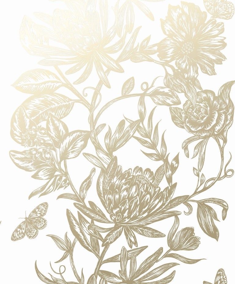 Gold floral pattern on a white background with large outlined flowers and leaves