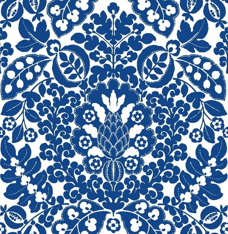 Blue-and-white floral damask pattern with dense decorative leaves and blossoms