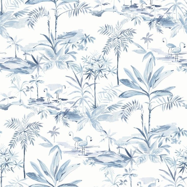 Blue-and-white tropical toile pattern with palm trees, birds, and lush foliage