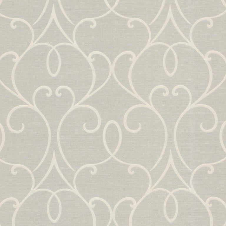 Light gray patterned wallpaper with white swirling vine designs
