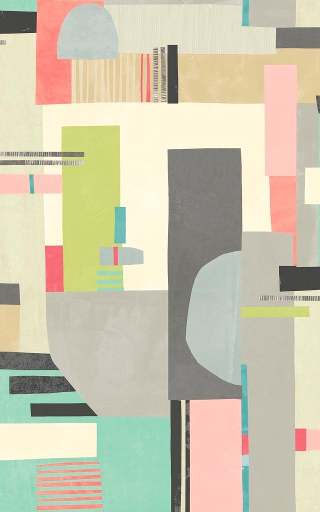 Abstract geometric composition in soft pastel colors with overlapping rectangles, stripes, and blocks