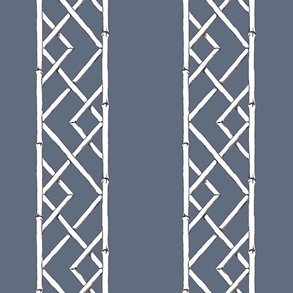 White trellis pattern on blue-gray background.