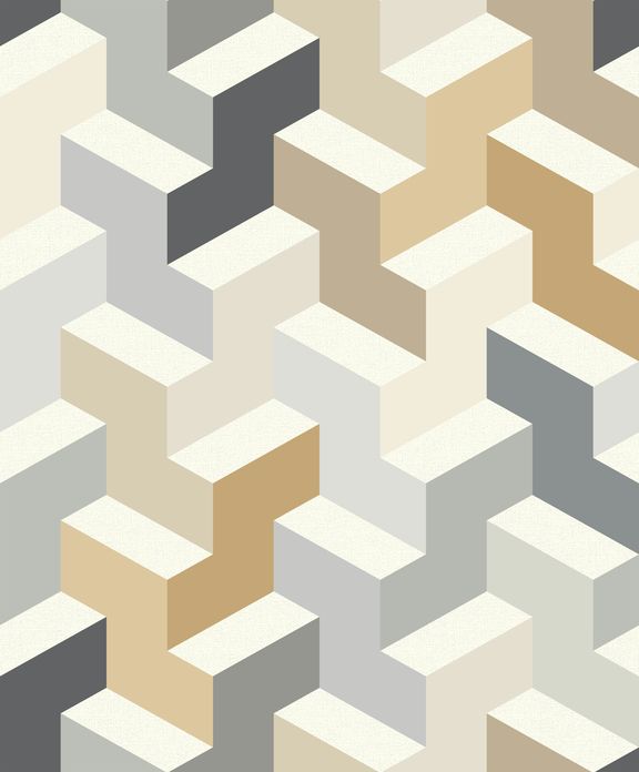Abstract geometric pattern of interlocking blocks in shades of cream, gray, and brown.