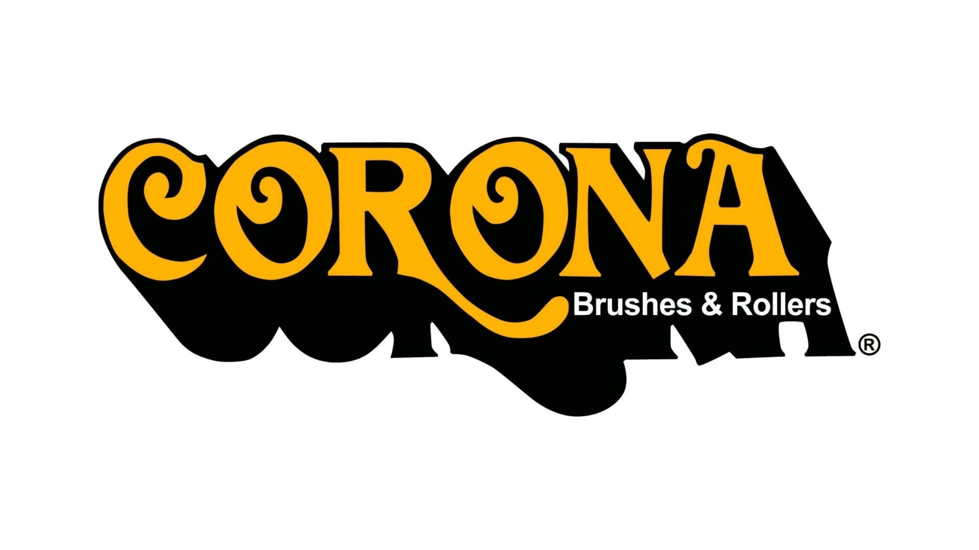 Logo for Corona Brushes & Rollers; gold text with black shadow.