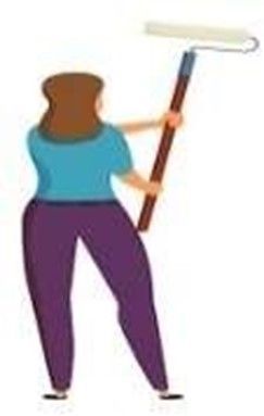 Person painting with a roller. They're wearing purple pants and a blue shirt.