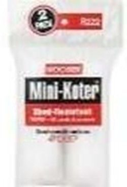 A package of Wooster Mini-Koter short-nap paint roller covers, a 2-pack, white rollers with red and black text.