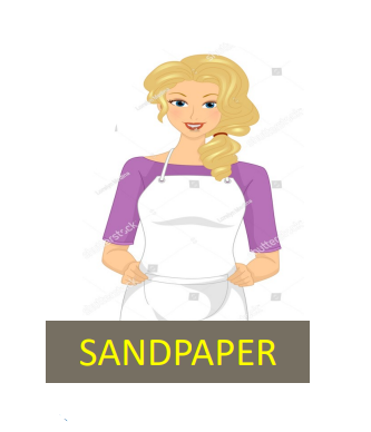 Woman wearing an apron, holding it with her hands; text box under reads 