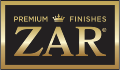 Logo for ZAR premium finishes, gold text on black background with crown.