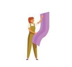 Person in overalls holding up a purple rug.