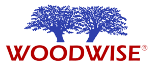 Logo of "Woodwise" with two blue trees above red text.