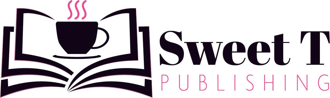 A logo for sweet t publishing with a cup of coffee on top of an open book.