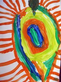 Colorful child’s drawing of an oval rainbow with red sun rays around it.