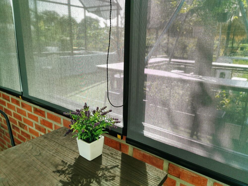 A Potted Plant Is Sitting On A Table In Front Of A Screened In Porch — Summerland Screens & Awnings In Lismore, NSW