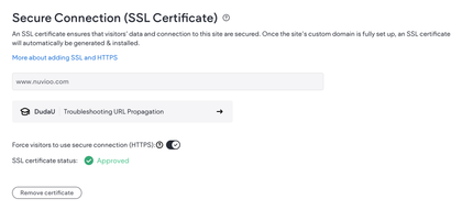 Secure Connection settings: SSL Certificate. Domain: marked as secure, 