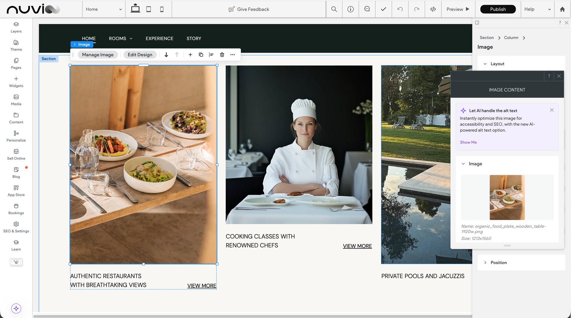 Three photos: food on a table, chef at a table, outdoor pool. Editing interface open.