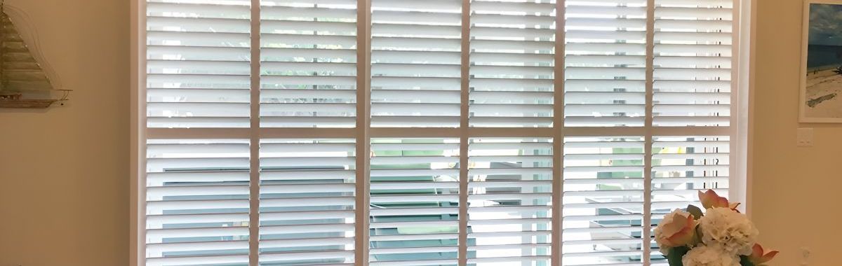 A window with shutters on it and a view of a yard.