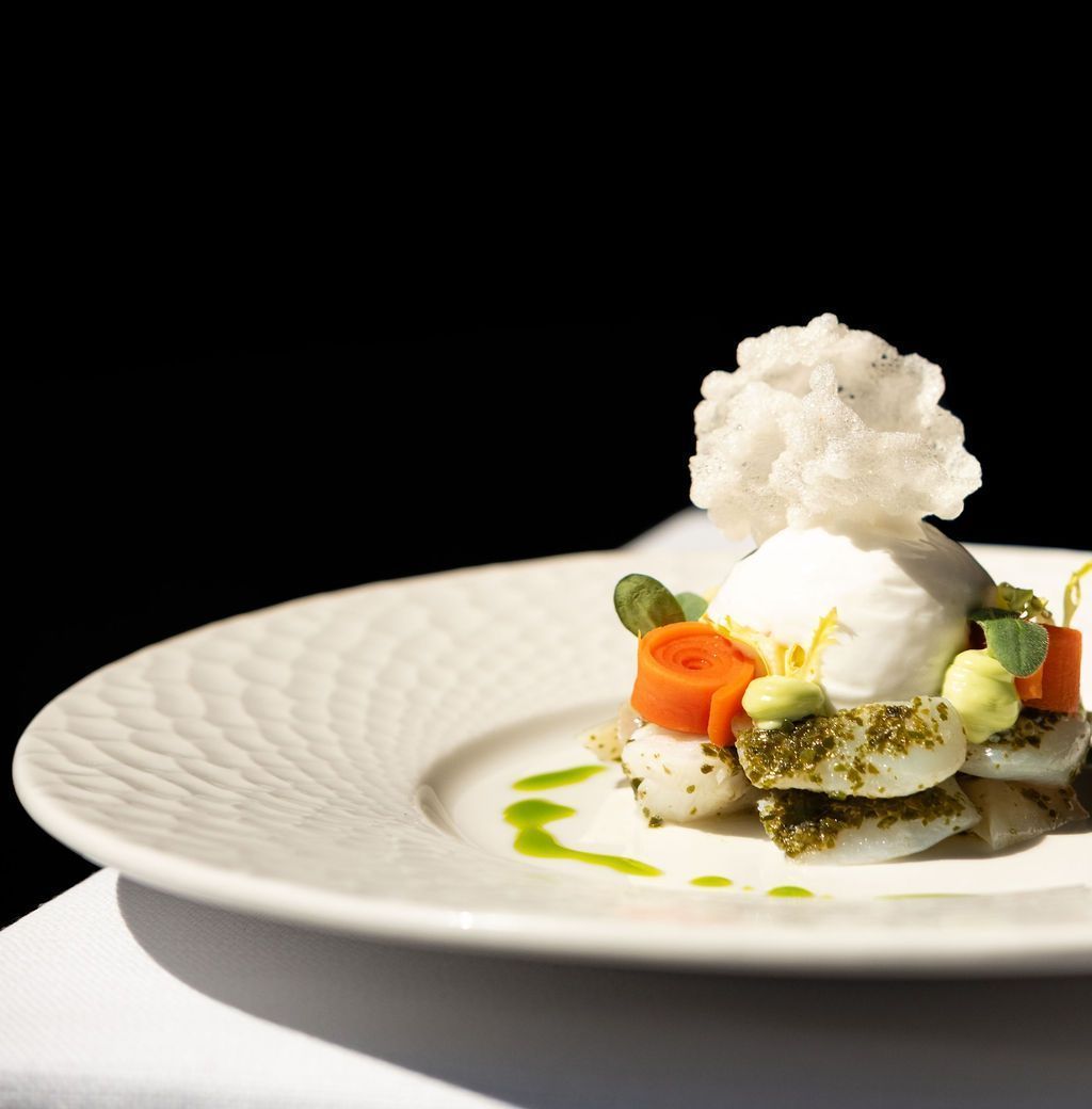 Elegant plated dessert with white cream, green garnish, and a fluffy topping on a white plate against a black background