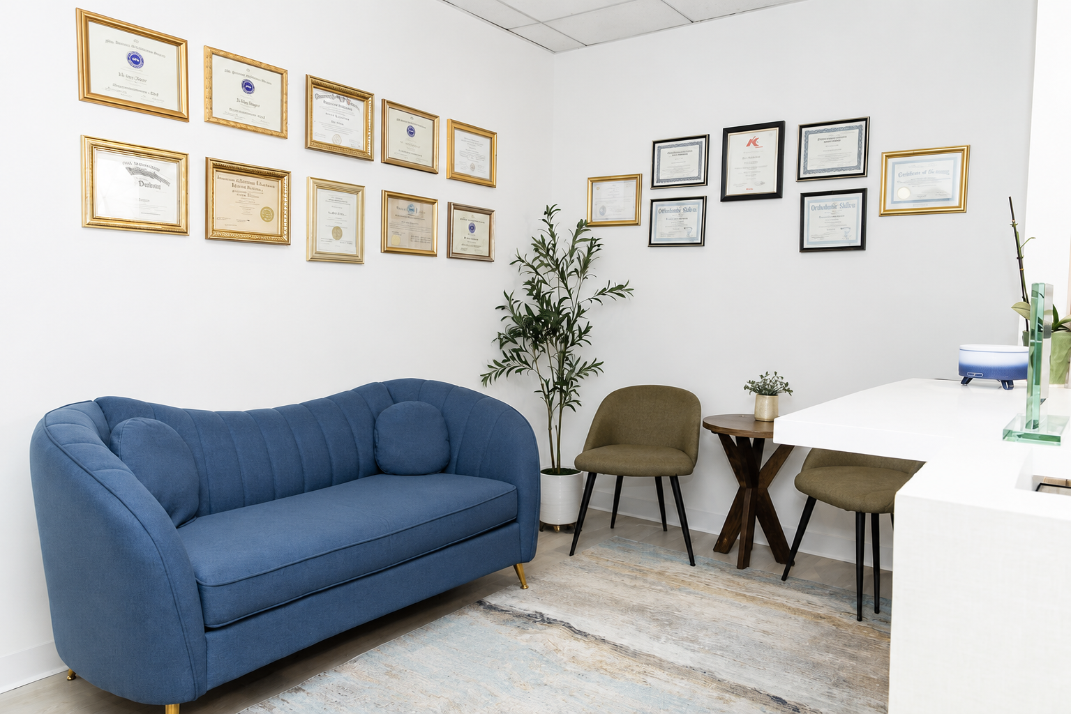 Bright waiting room with blue sofa, framed wall art, chairs, desk, and plant