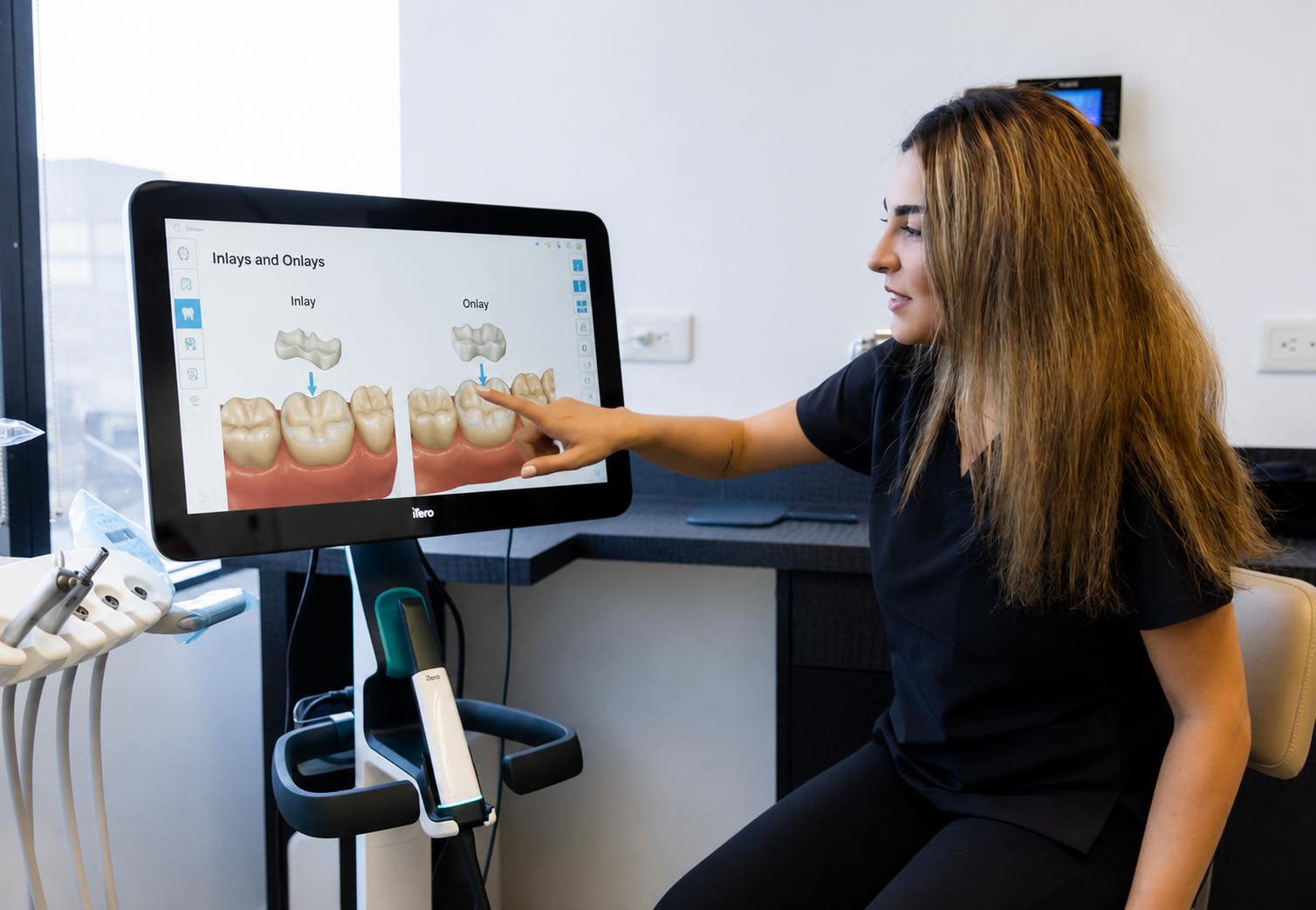 Dentist pointing at a dental scan on a touchscreen monitor in a clinic