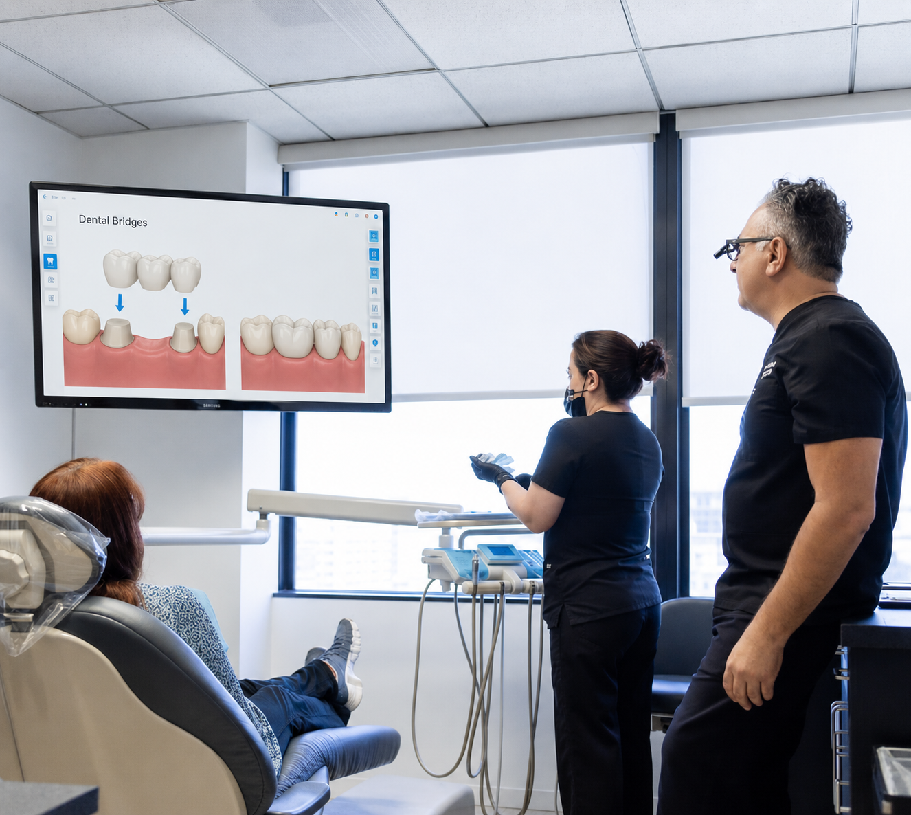 Clinic staff presenting dental images on a large screen to seated patients
