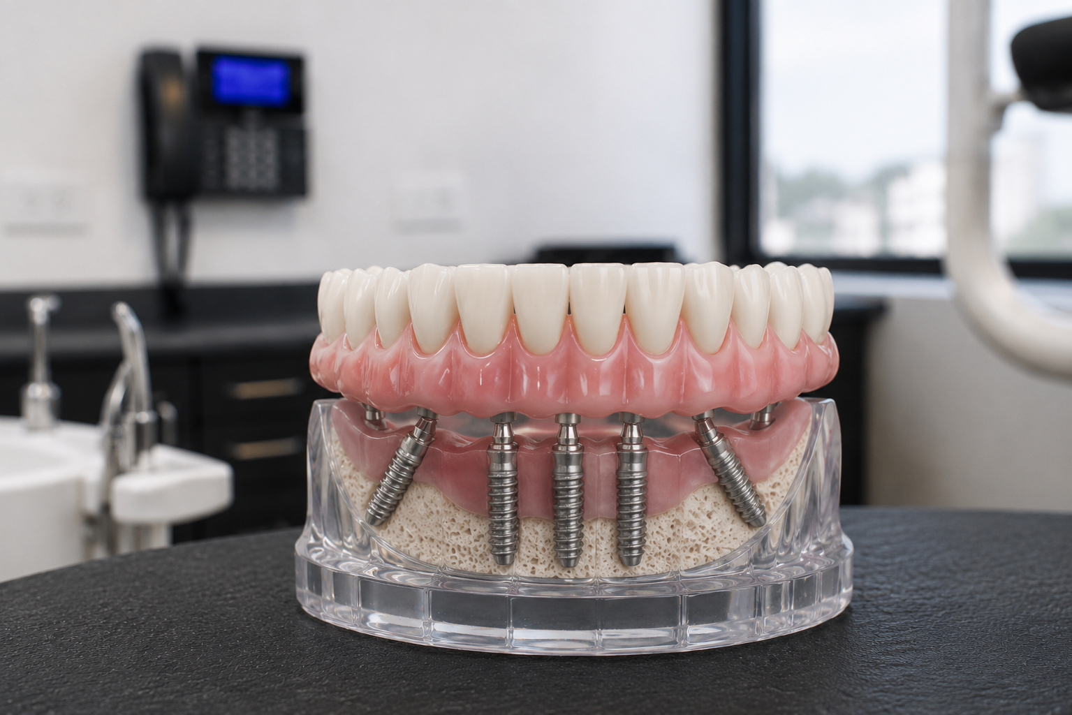 Dental implant model with pink gums and white teeth on a clear base in a clinic setting