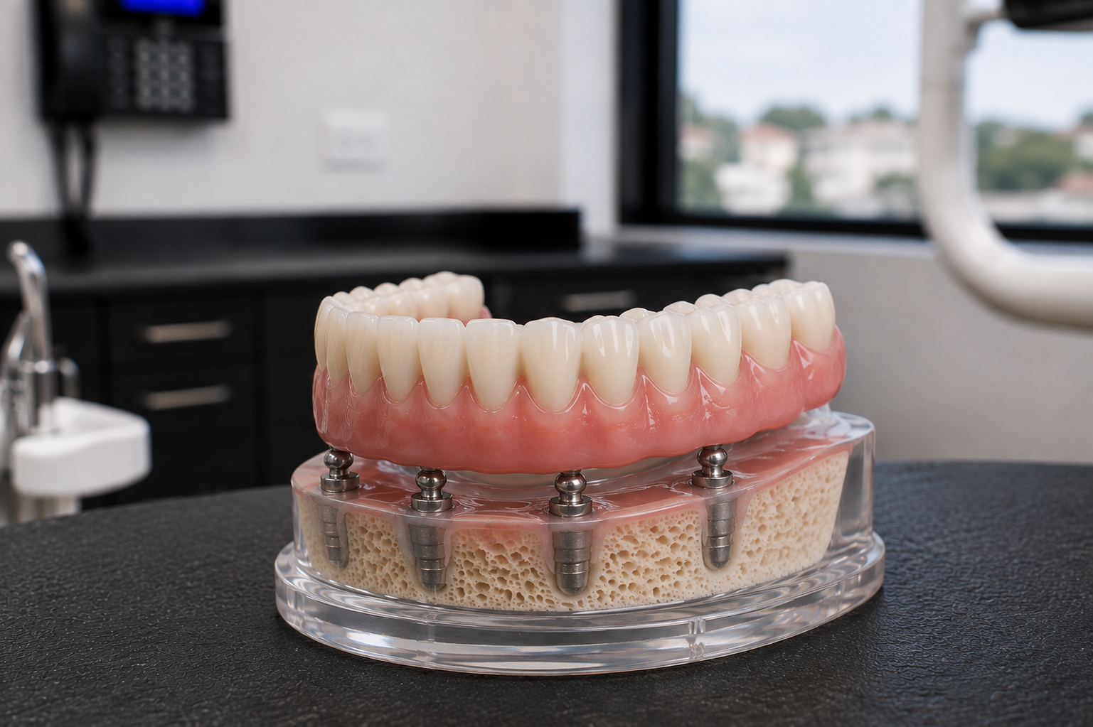 Dental prosthetic model with pink gums and white teeth on a clear base in a clinic setting