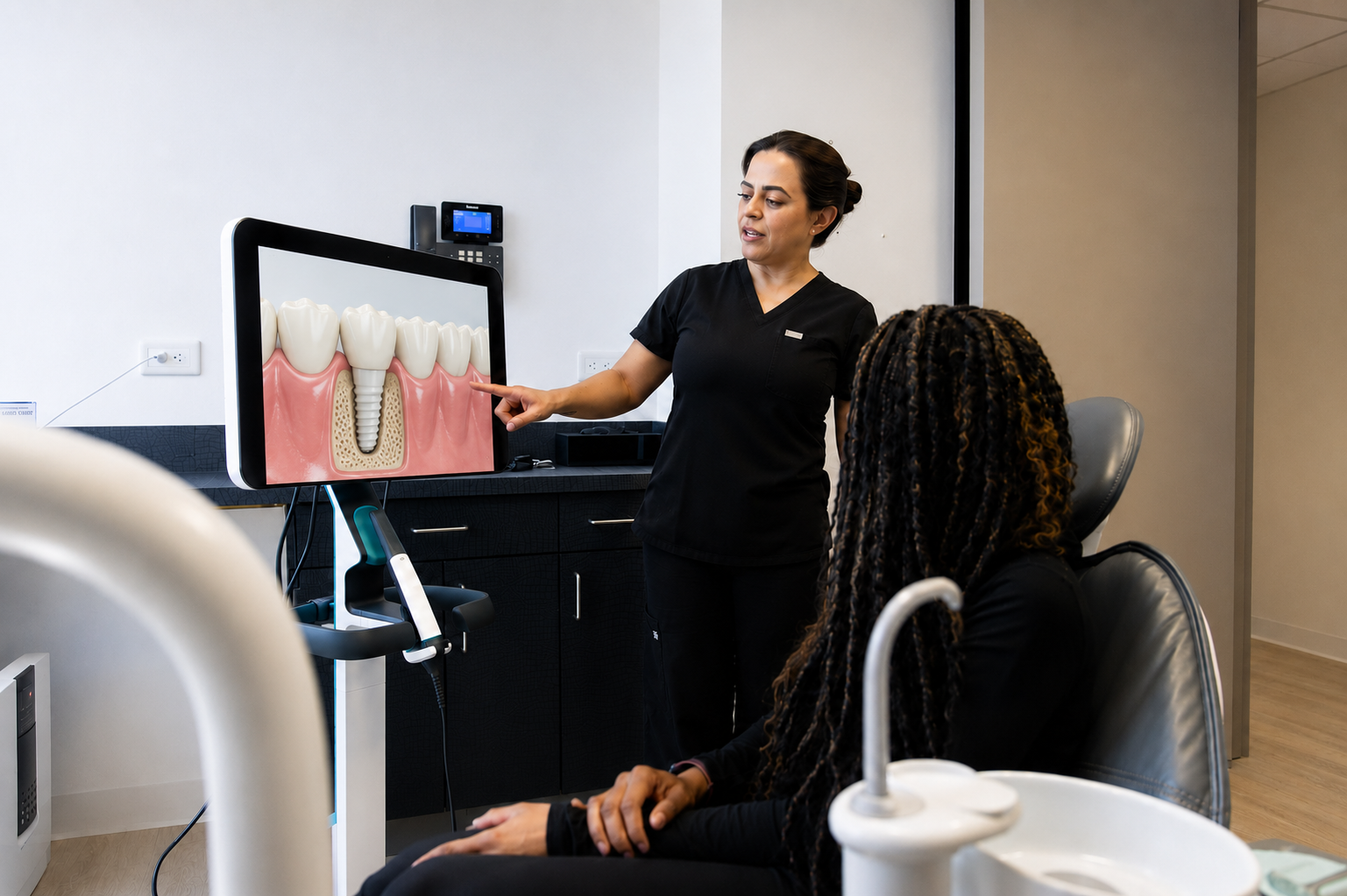 Dentist explaining a tooth diagram to a seated patient in a dental exam room