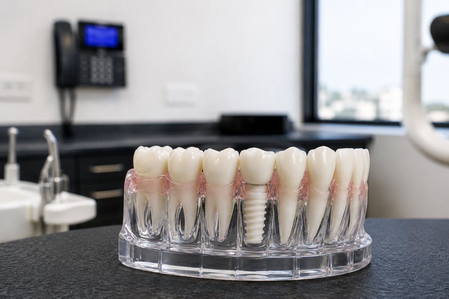 Dental implant display in a clinic, showing multiple artificial teeth on a clear stand.