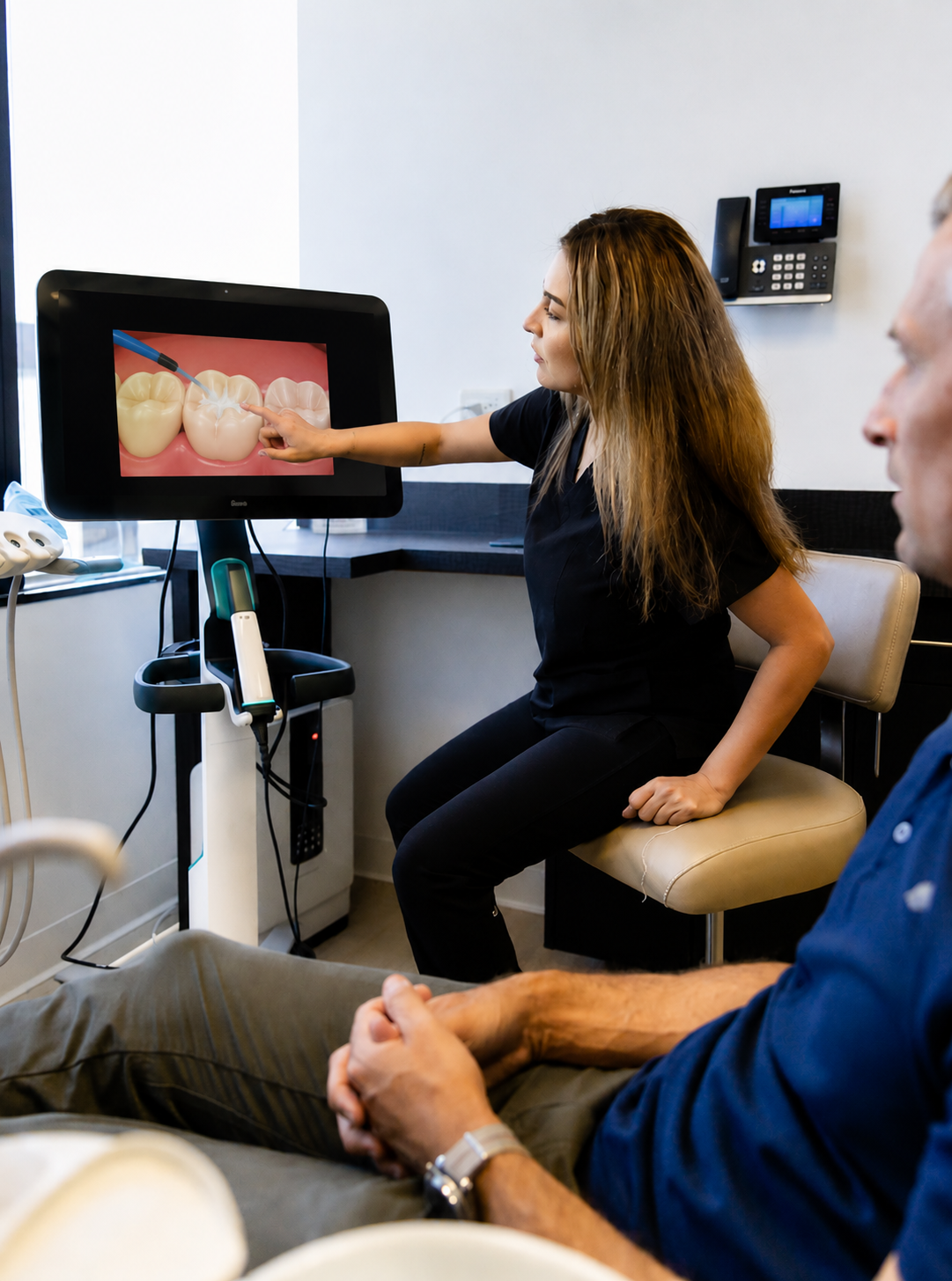 Dentist showing a patient a mouth scan on a monitor in a dental clinic